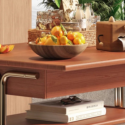 Contemporary Nordic Wood, Stainless Steel & Glass Rectangular Foldable Rotating Side Table With 3-Storage For Living Room & Bedroom