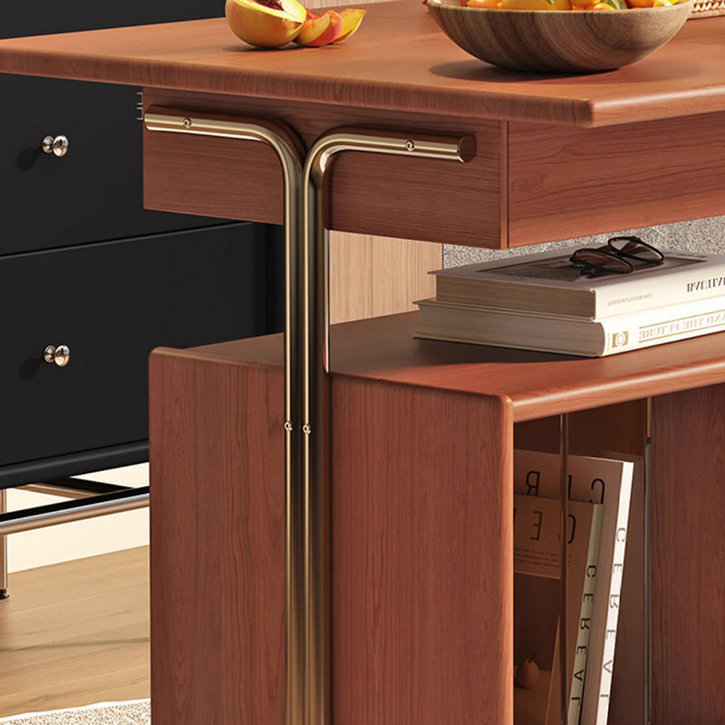 Contemporary Nordic Wood, Stainless Steel & Glass Rectangular Foldable Rotating Side Table With 3-Storage For Living Room & Bedroom