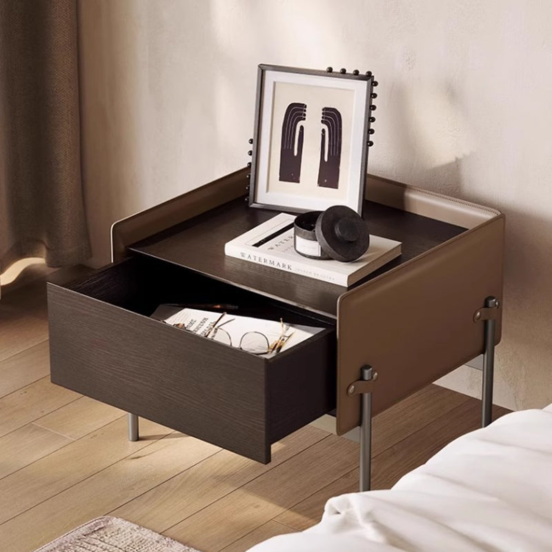 Modern Minimalist Wood, Metal & Saddle Leather Rectangular Nightstand With 1-Drawer For Bedroom & Living Room