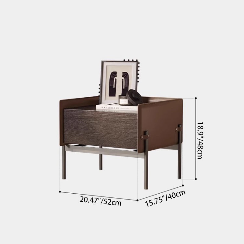 Modern Minimalist Wood, Metal & Saddle Leather Rectangular Nightstand With 1-Drawer For Bedroom & Living Room