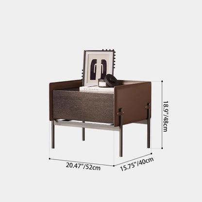 Modern Minimalist Wood, Metal & Saddle Leather Rectangular Nightstand With 1-Drawer For Bedroom & Living Room