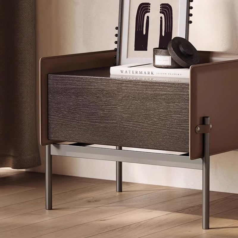 Modern Minimalist Wood, Metal & Saddle Leather Rectangular Nightstand With 1-Drawer For Bedroom & Living Room
