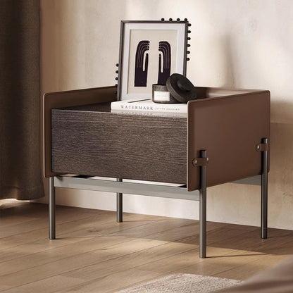 Modern Minimalist Wood, Metal & Saddle Leather Rectangular Nightstand With 1-Drawer For Bedroom & Living Room