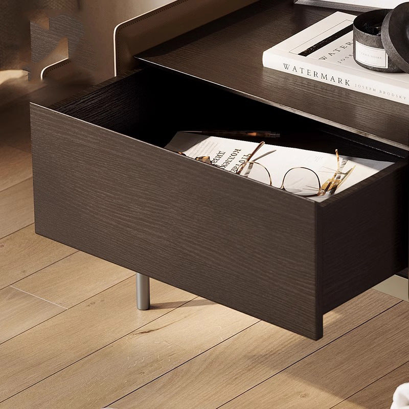 Modern Minimalist Wood, Metal & Saddle Leather Rectangular Nightstand With 1-Drawer For Bedroom & Living Room