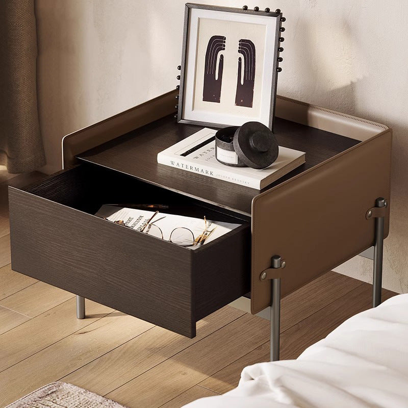 Modern Minimalist Wood, Metal & Saddle Leather Rectangular Nightstand With 1-Drawer For Bedroom & Living Room
