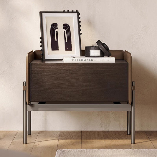 Modern Minimalist Wood, Metal & Saddle Leather Rectangular Nightstand With 1-Drawer For Bedroom & Living Room