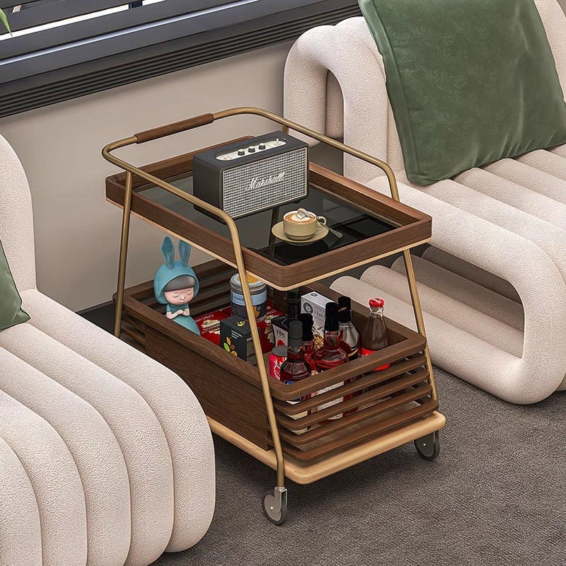 Modern Minimalist Ash Wood, Glass & Stainless Steel Rectangular Side Table With Wheels And 2-Tier Storage For Living Room & Bedroom