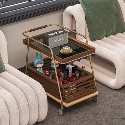 Modern Minimalist Ash Wood, Glass & Stainless Steel Rectangular Side Table With Wheels And 2-Tier Storage For Living Room & Bedroom