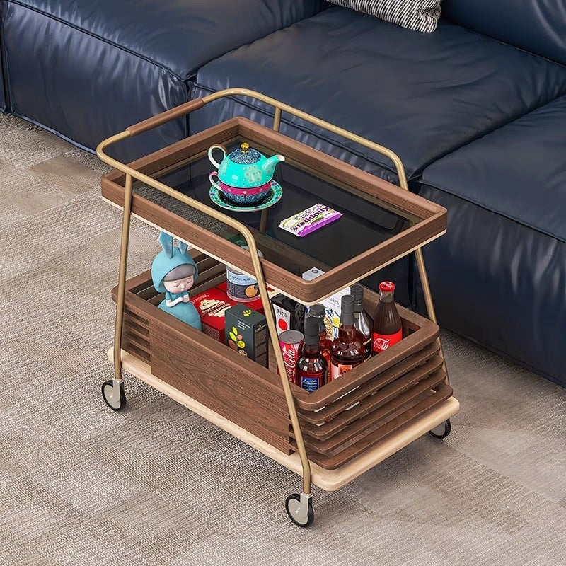 Modern Minimalist Ash Wood, Glass & Stainless Steel Rectangular Side Table With Wheels And 2-Tier Storage For Living Room & Bedroom