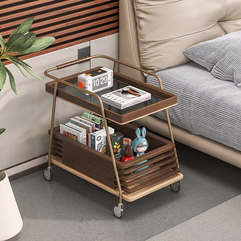 Modern Minimalist Ash Wood, Glass & Stainless Steel Rectangular Side Table With Wheels And 2-Tier Storage For Living Room & Bedroom