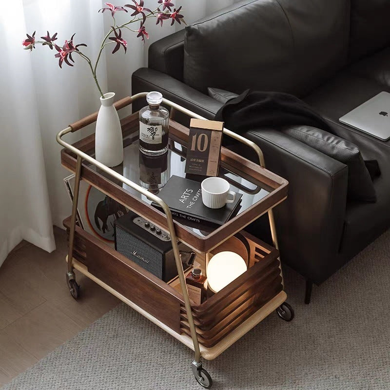 Modern Minimalist Ash Wood, Glass & Stainless Steel Rectangular Side Table With Wheels And 2-Tier Storage For Living Room & Bedroom