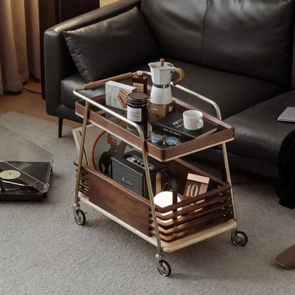 Modern Minimalist Ash Wood, Glass & Stainless Steel Rectangular Side Table With Wheels And 2-Tier Storage For Living Room & Bedroom