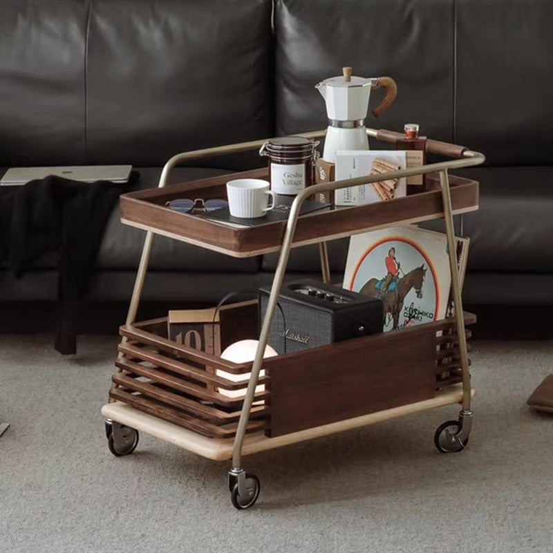 Modern Minimalist Ash Wood, Glass & Stainless Steel Rectangular Side Table With Wheels And 2-Tier Storage For Living Room & Bedroom