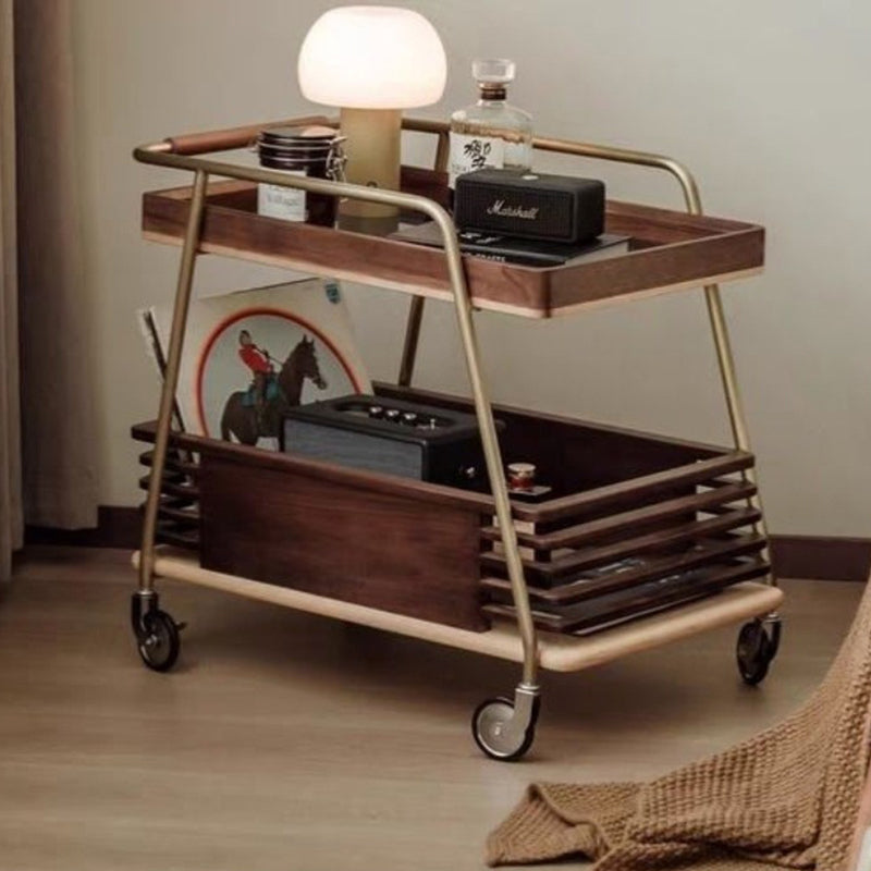 Modern Minimalist Ash Wood, Glass & Stainless Steel Rectangular Side Table With Wheels And 2-Tier Storage For Living Room & Bedroom