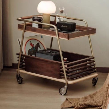 Modern Minimalist Ash Wood, Glass & Stainless Steel Rectangular Side Table With Wheels And 2-Tier Storage For Living Room & Bedroom