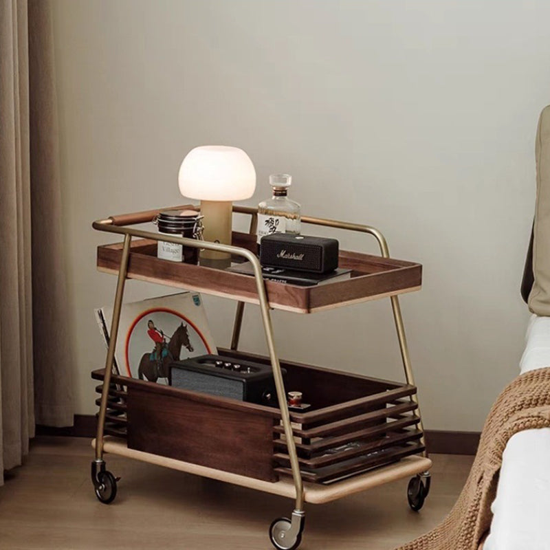 Modern Minimalist Ash Wood, Glass & Stainless Steel Rectangular Side Table With Wheels And 2-Tier Storage For Living Room & Bedroom