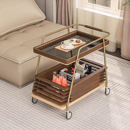 Modern Minimalist Ash Wood, Glass & Stainless Steel Rectangular Side Table With Wheels And 2-Tier Storage For Living Room & Bedroom