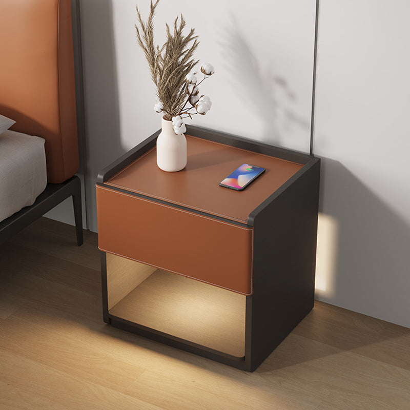 Modern Minimalist Saddle Leather & Plank Square Nightstand With Wireless Charging & 1-Drawer For Bedroom