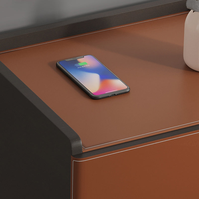 Modern Minimalist Saddle Leather & Plank Square Nightstand With Wireless Charging & 1-Drawer For Bedroom