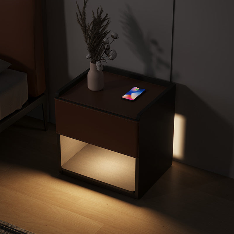 Modern Minimalist Saddle Leather & Plank Square Nightstand With Wireless Charging & 1-Drawer For Bedroom