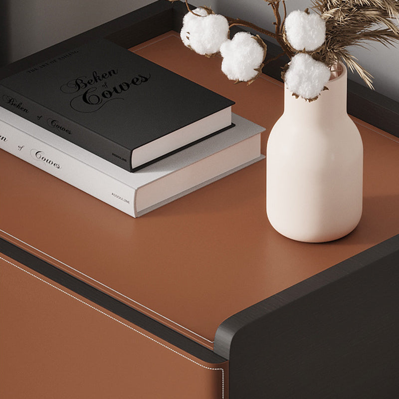 Modern Minimalist Saddle Leather & Plank Square Nightstand With Wireless Charging & 1-Drawer For Bedroom