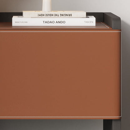 Modern Minimalist Saddle Leather & Plank Square Nightstand With Wireless Charging & 1-Drawer For Bedroom