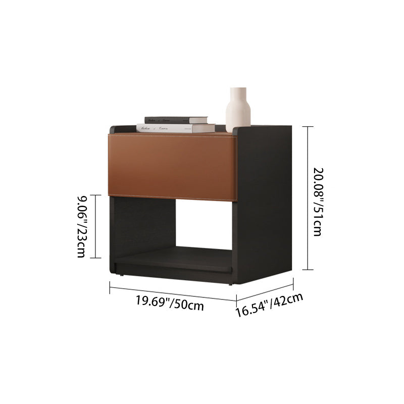 Modern Minimalist Saddle Leather & Plank Square Nightstand With Wireless Charging & 1-Drawer For Bedroom