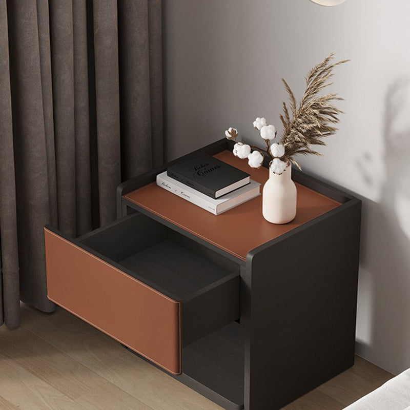 Modern Minimalist Saddle Leather & Plank Square Nightstand With Wireless Charging & 1-Drawer For Bedroom