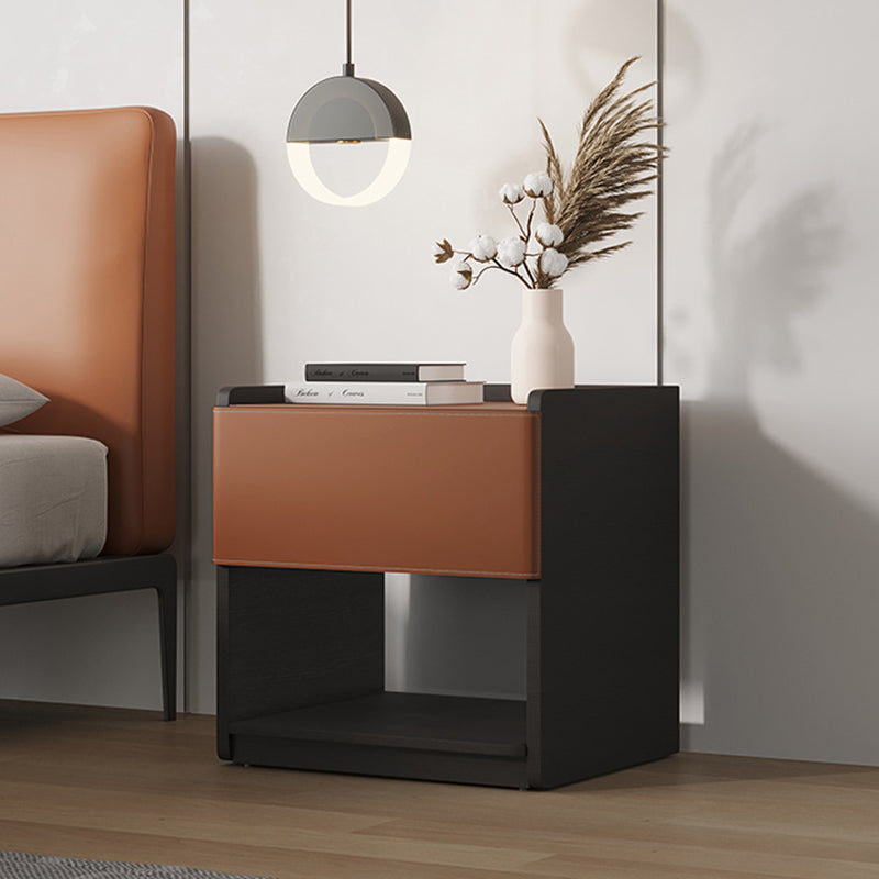 Modern Minimalist Saddle Leather & Plank Square Nightstand With Wireless Charging & 1-Drawer For Bedroom