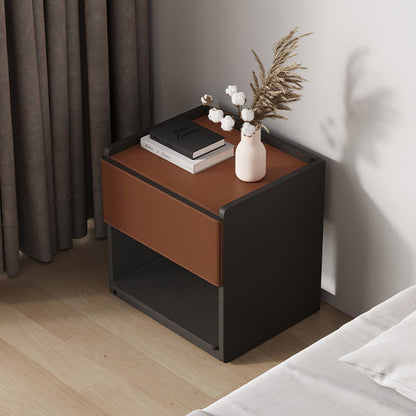 Modern Minimalist Saddle Leather & Plank Square Nightstand With Wireless Charging & 1-Drawer For Bedroom