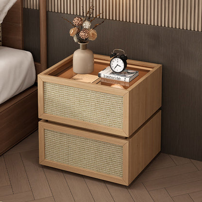 Modern Minimalist Wood Rattan Glass Square Nightstand With 2 Drawers For Bedroom & Living Room