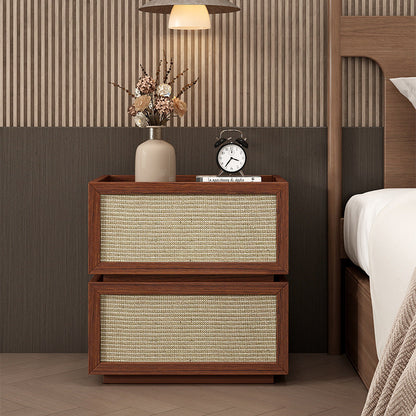 Modern Minimalist Wood Rattan Glass Square Nightstand With 2 Drawers For Bedroom & Living Room