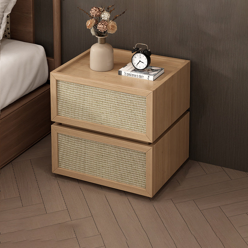 Modern Minimalist Wood Rattan Glass Square Nightstand With 2 Drawers For Bedroom & Living Room