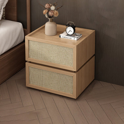 Modern Minimalist Wood Rattan Glass Square Nightstand With 2 Drawers For Bedroom & Living Room
