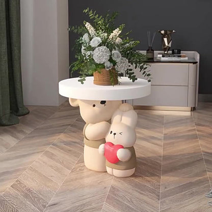 Contemporary Creative Resin Bear & Bunny Base Round Side Table For Living Room & Bedroom