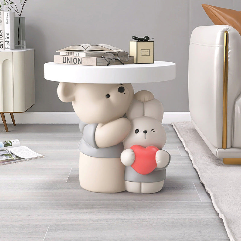 Contemporary Creative Resin Bear & Bunny Base Round Side Table For Living Room & Bedroom