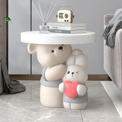 Contemporary Creative Resin Bear & Bunny Base Round Side Table For Living Room & Bedroom