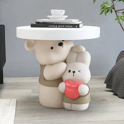 Contemporary Creative Resin Bear & Bunny Base Round Side Table For Living Room & Bedroom