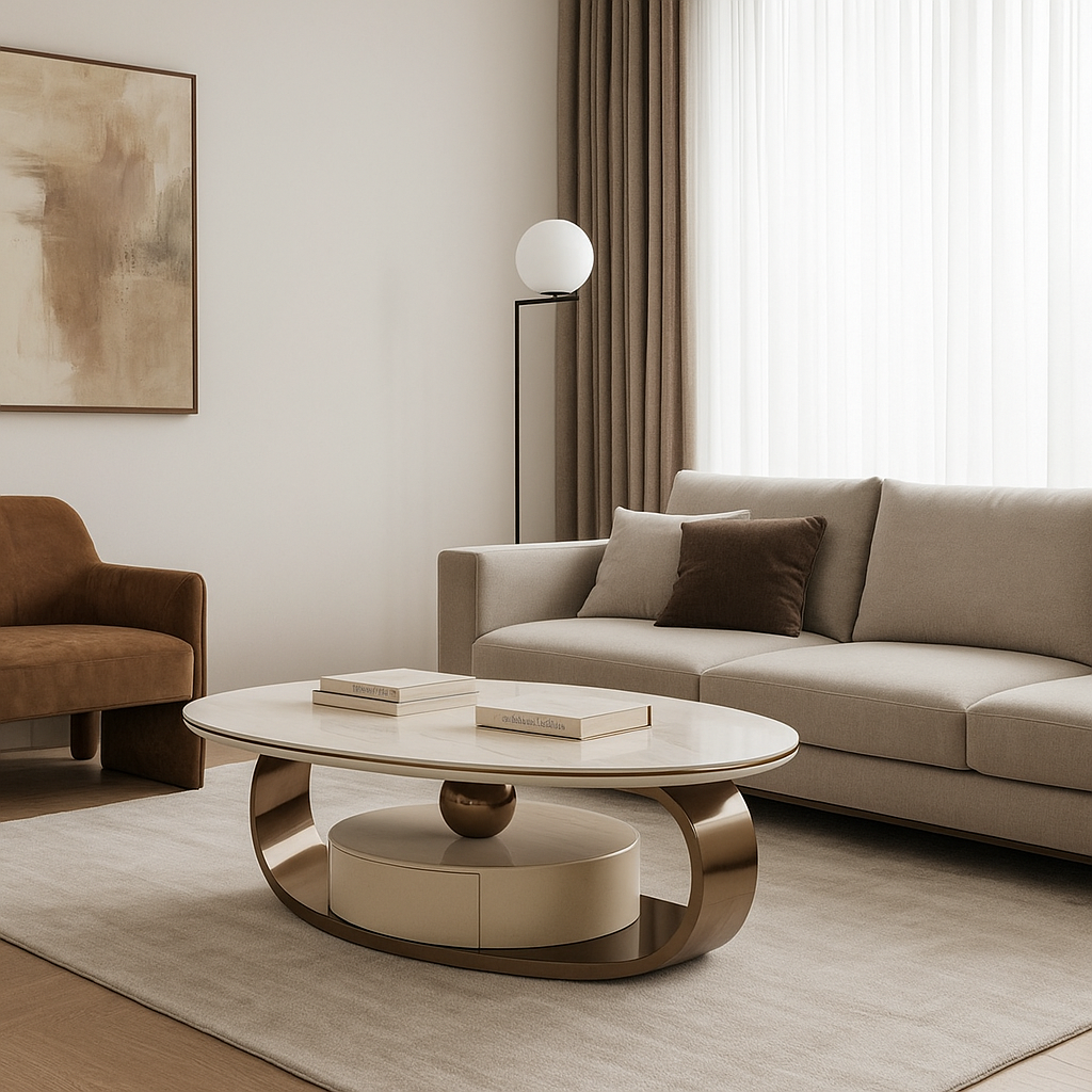 Modern Minimalist Rock Slab, Stainless Steel & Wood Oval Coffee Table With 1-Drawer For Living Room And Bedroom