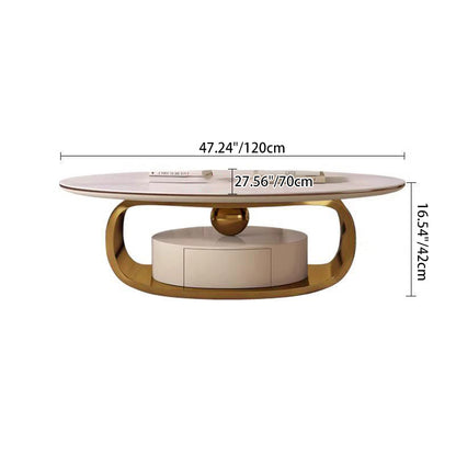 Modern Minimalist Rock Slab, Stainless Steel & Wood Oval Coffee Table With 1-Drawer For Living Room And Bedroom