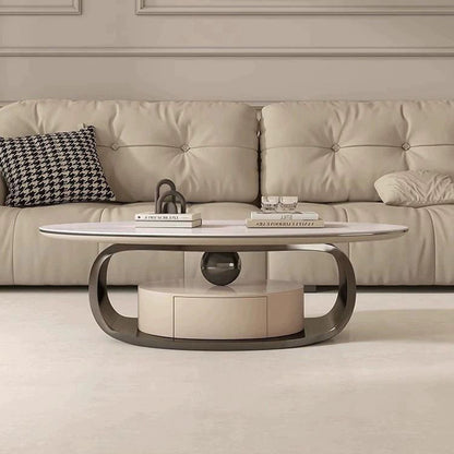Modern Minimalist Rock Slab, Stainless Steel & Wood Oval Coffee Table With 1-Drawer For Living Room And Bedroom