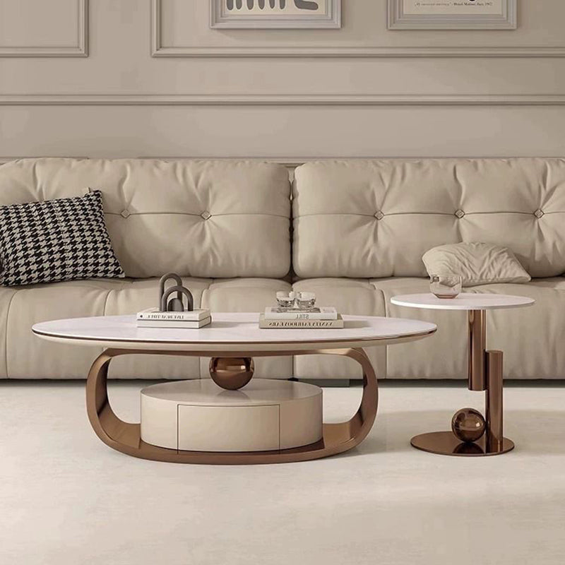 Modern Minimalist Rock Slab, Stainless Steel & Wood Oval Coffee Table With 1-Drawer For Living Room And Bedroom