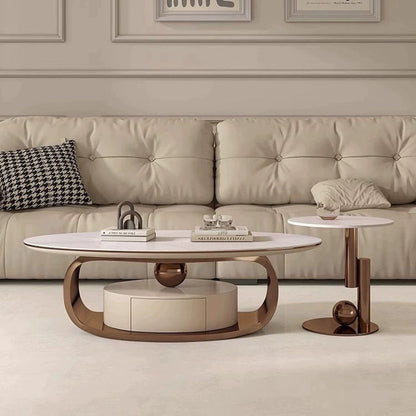 Modern Minimalist Rock Slab, Stainless Steel & Wood Oval Coffee Table With 1-Drawer For Living Room And Bedroom