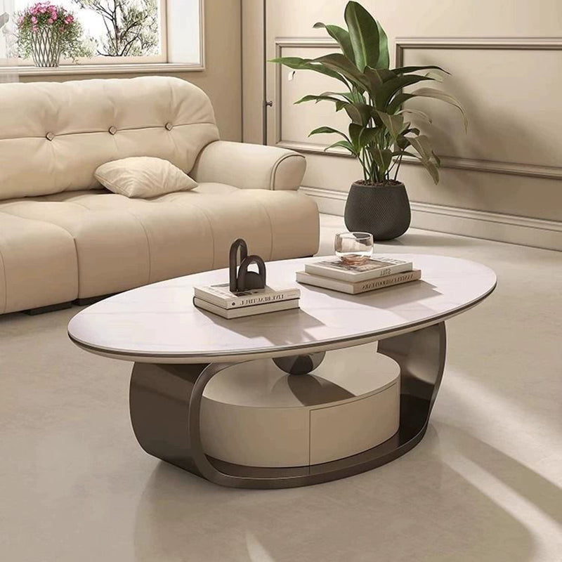 Modern Minimalist Rock Slab, Stainless Steel & Wood Oval Coffee Table With 1-Drawer For Living Room And Bedroom