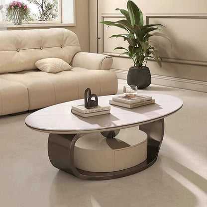 Modern Minimalist Rock Slab, Stainless Steel & Wood Oval Coffee Table With 1-Drawer For Living Room And Bedroom