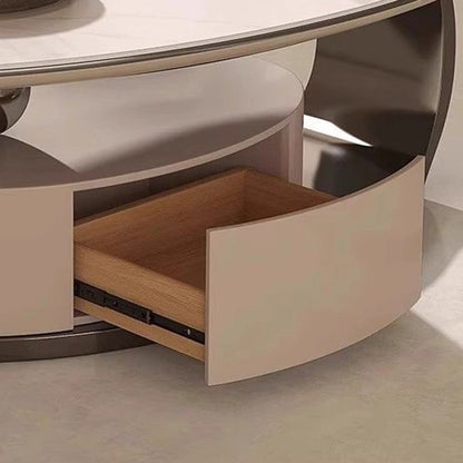Modern Minimalist Rock Slab, Stainless Steel & Wood Oval Coffee Table With 1-Drawer For Living Room And Bedroom