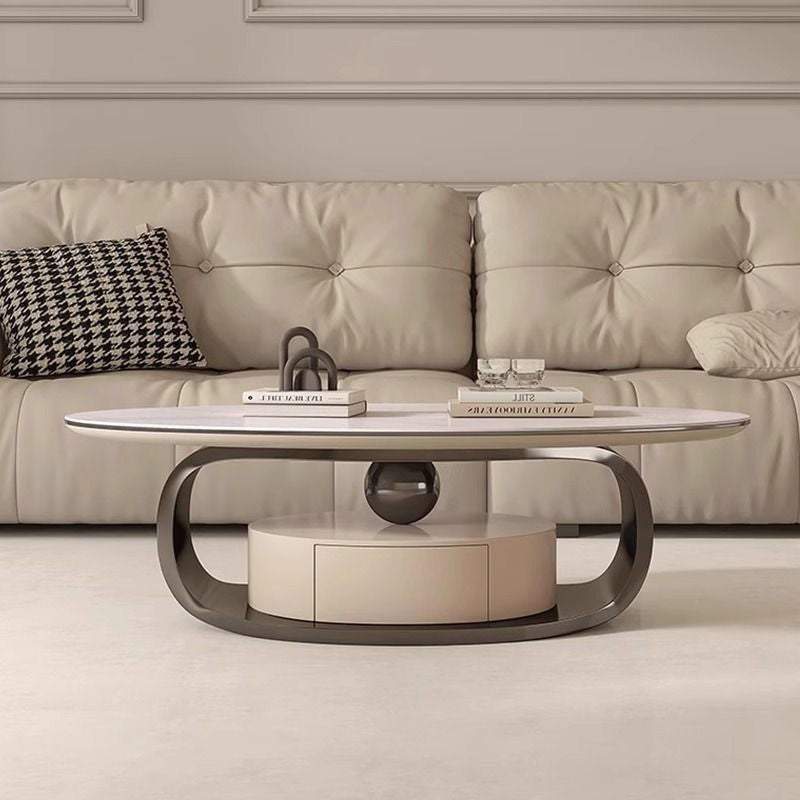 Modern Minimalist Rock Slab, Stainless Steel & Wood Oval Coffee Table With 1-Drawer For Living Room And Bedroom