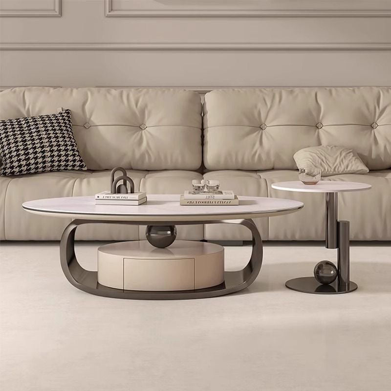 Modern Minimalist Rock Slab, Stainless Steel & Wood Oval Coffee Table With 1-Drawer For Living Room And Bedroom