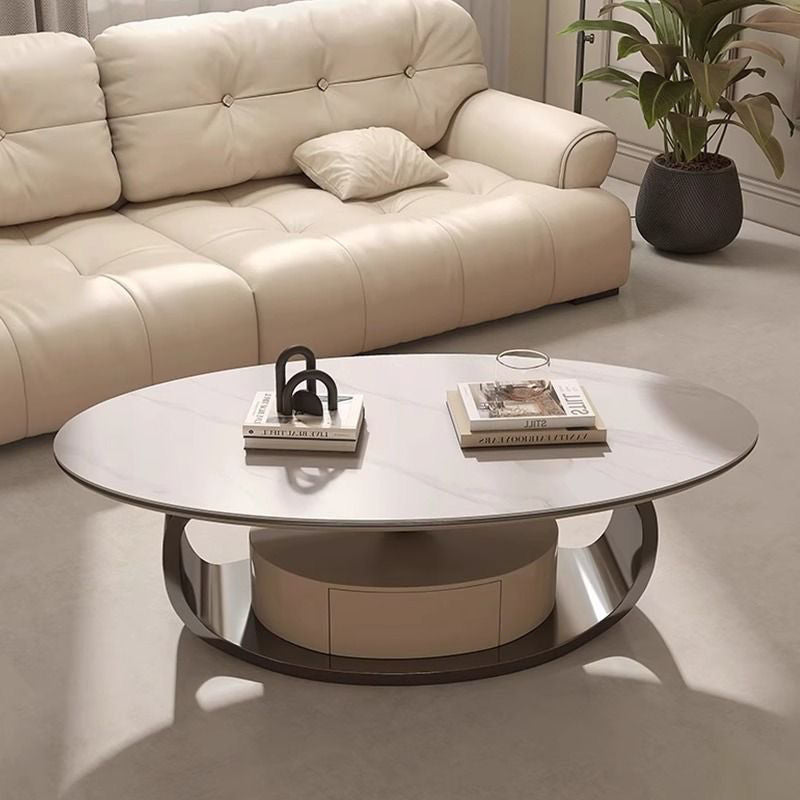 Modern Minimalist Rock Slab, Stainless Steel & Wood Oval Coffee Table With 1-Drawer For Living Room And Bedroom