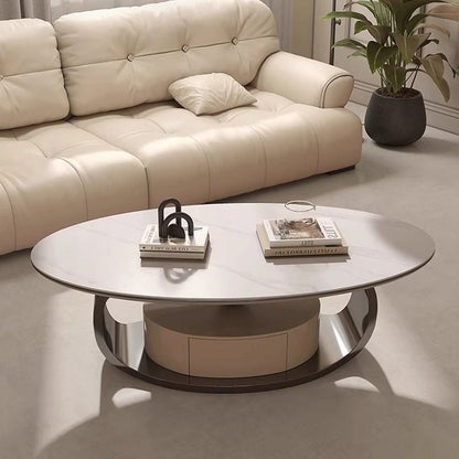 Modern Minimalist Rock Slab, Stainless Steel & Wood Oval Coffee Table With 1-Drawer For Living Room And Bedroom